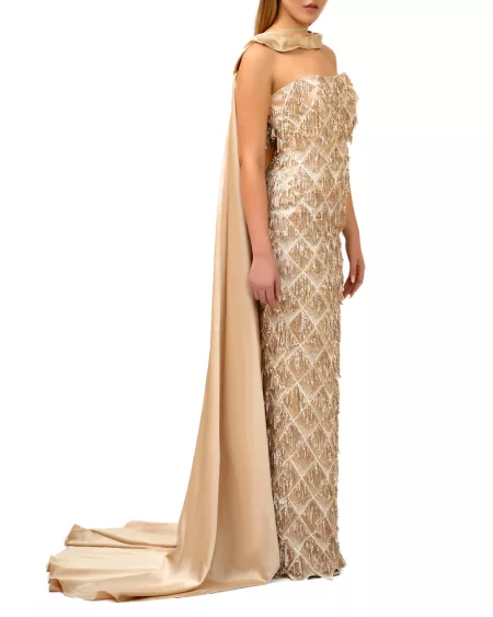 Strapless Gold Gown With Cape