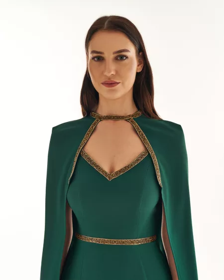 V-Cut Slim Green Dress with cape